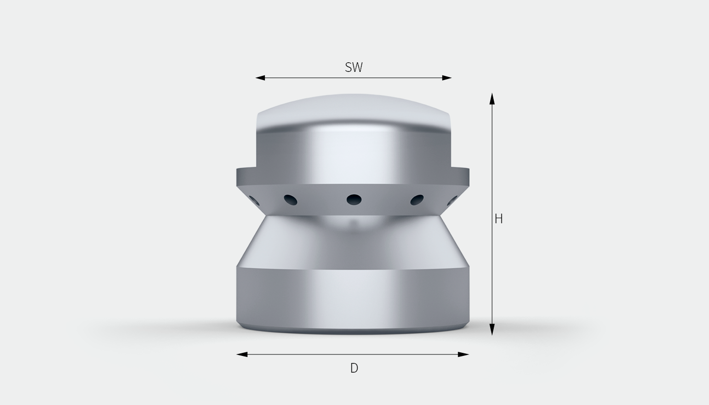 SCHMIDT EHS pipe cleaning nozzle model 619 with dimension arrows for the width across flats (SW), the height (H) and the diameter (D).