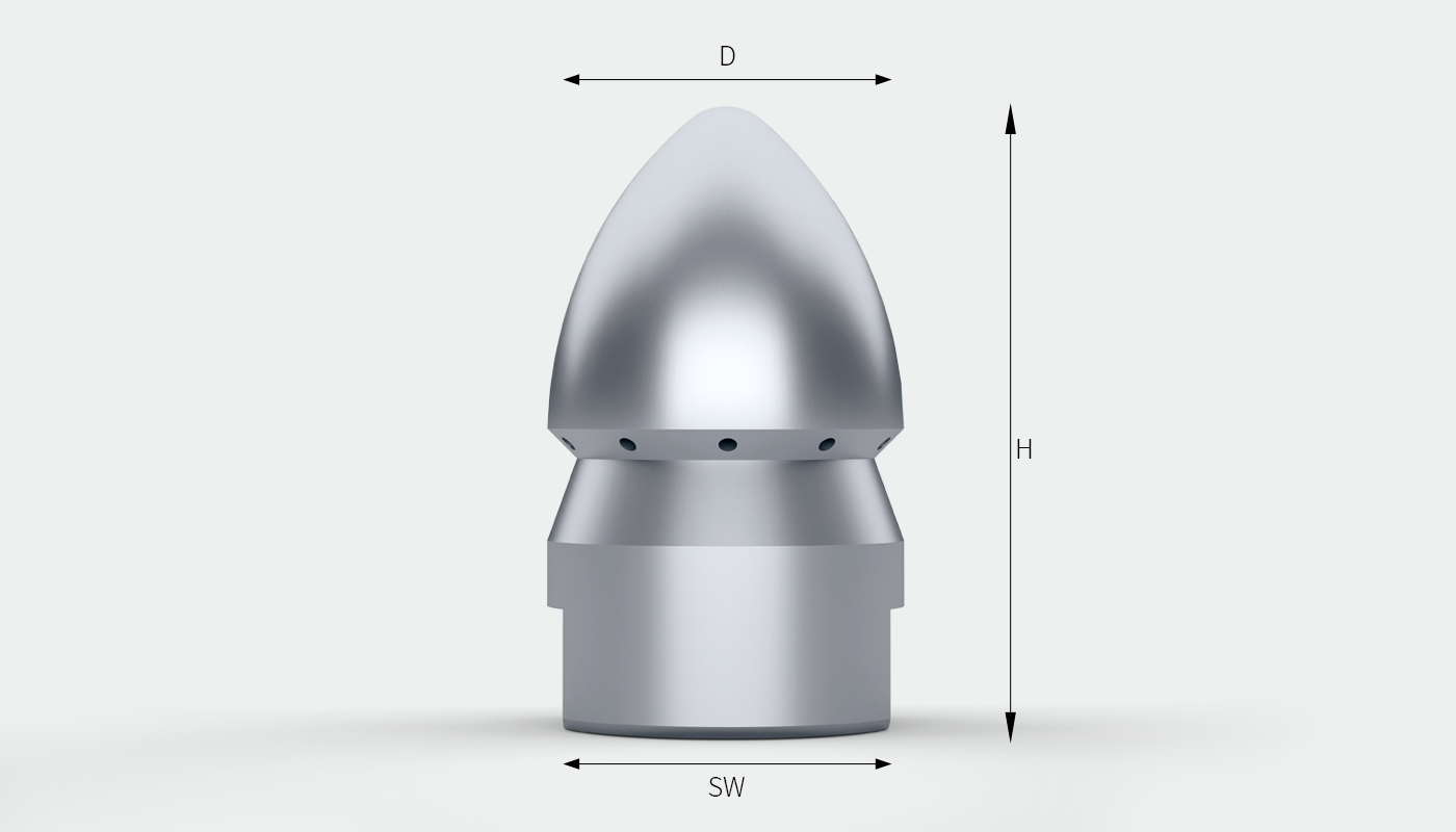 SCHMIDT EHS pipe cleaning nozzle model 620 with dimension arrows for the width across flats (SW), the height (H) and the diameter (D).